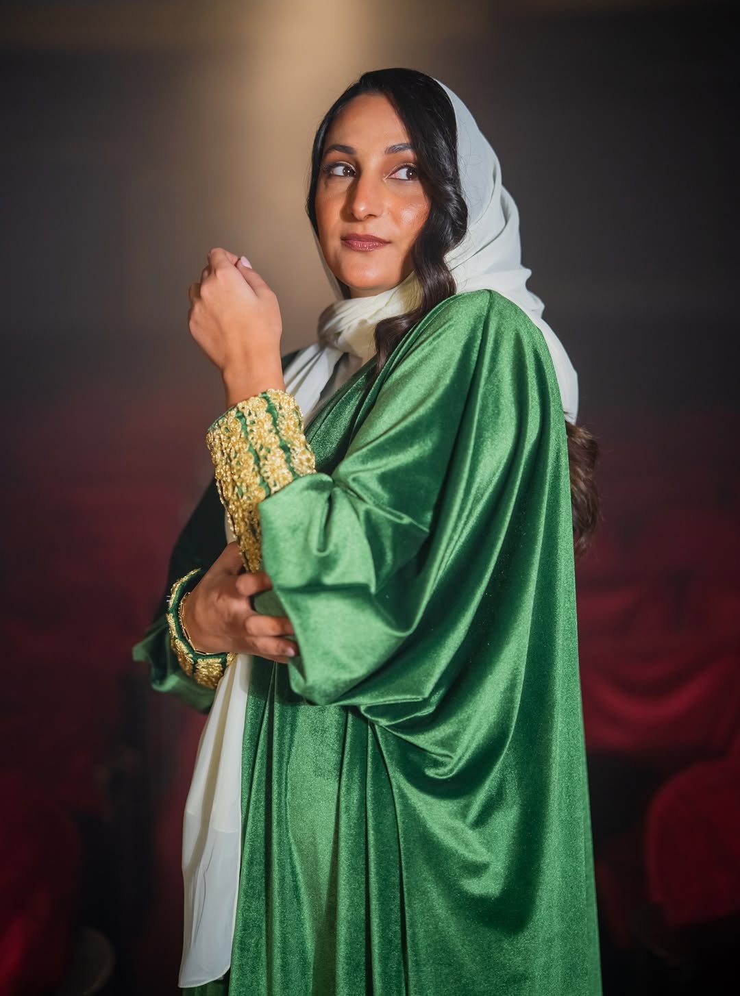Emerald Velvet Abaya with gold cuffs
