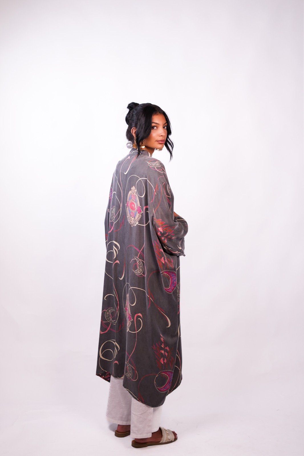 Midnight open-front robe in charcoal with a swirling print, front view, worn open, from the Le Kanz summer collection